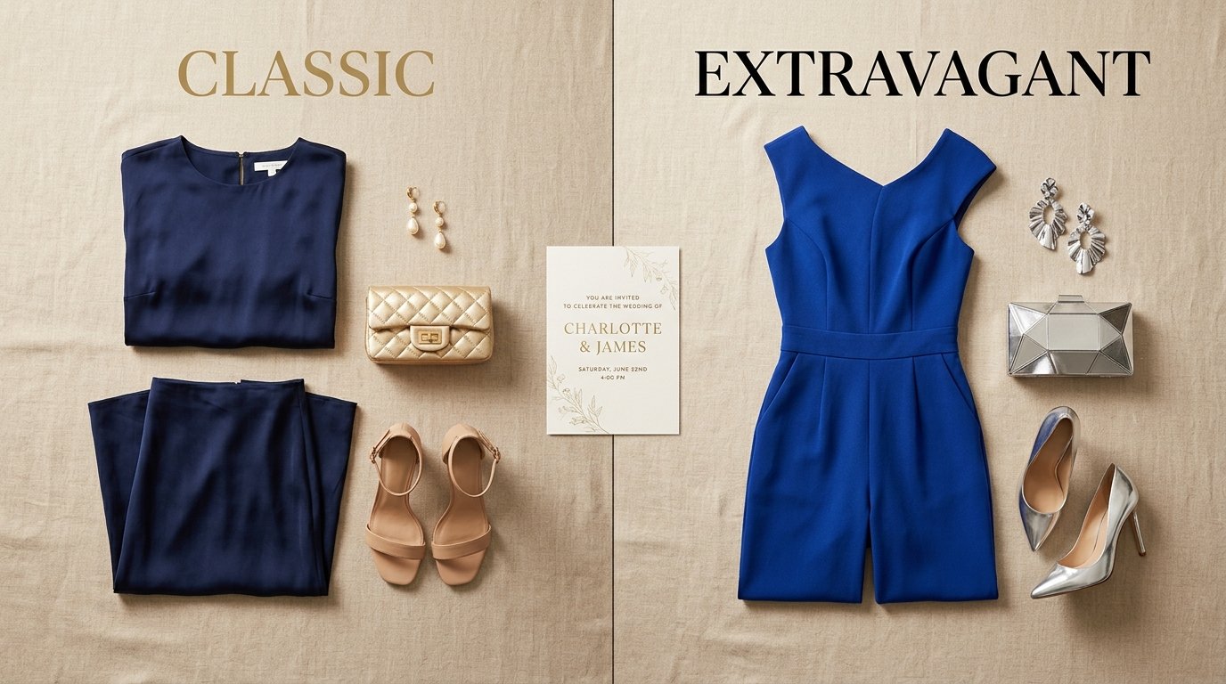 Wedding guest outfit ideas flat-lay comparing a classic navy midi dress with an extravagant cobalt jumpsuit