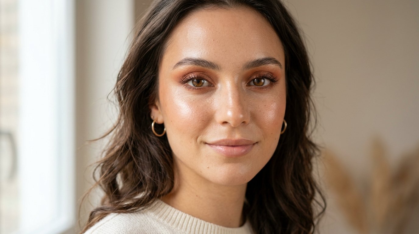 Brown eyes with bronze soft glam eyeshadow and glowy radiant skin in natural light.