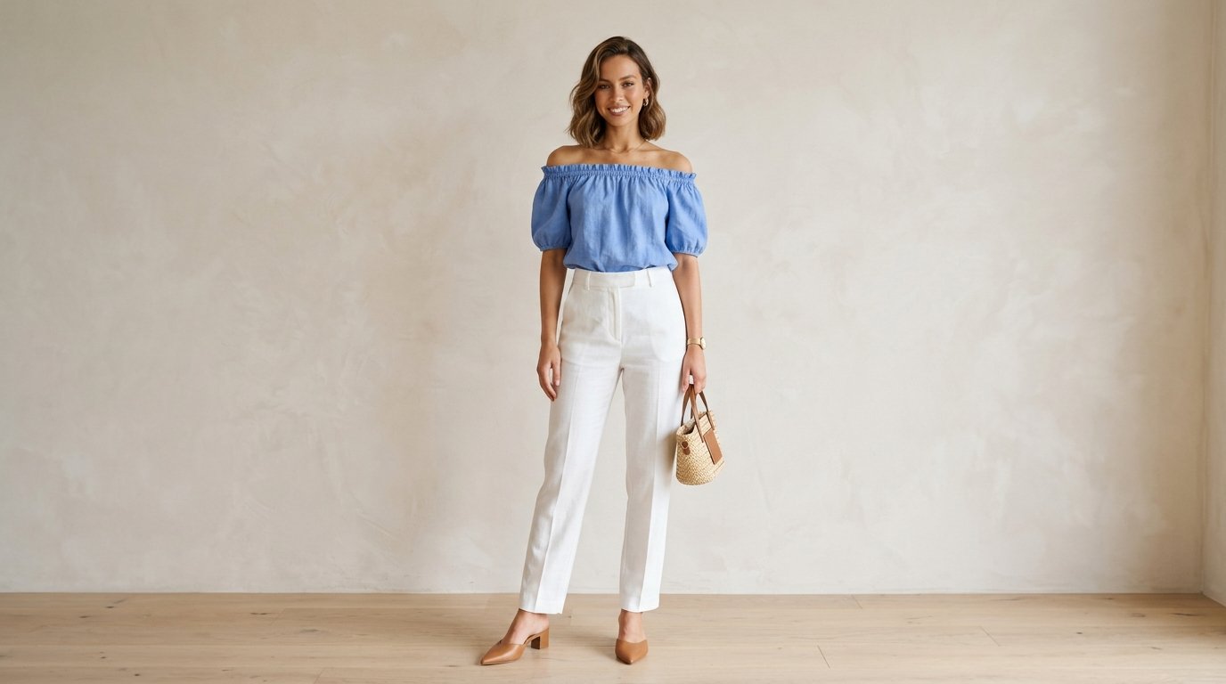 Woman in blue off-shoulder summer top with white tailored trousers and tan mules