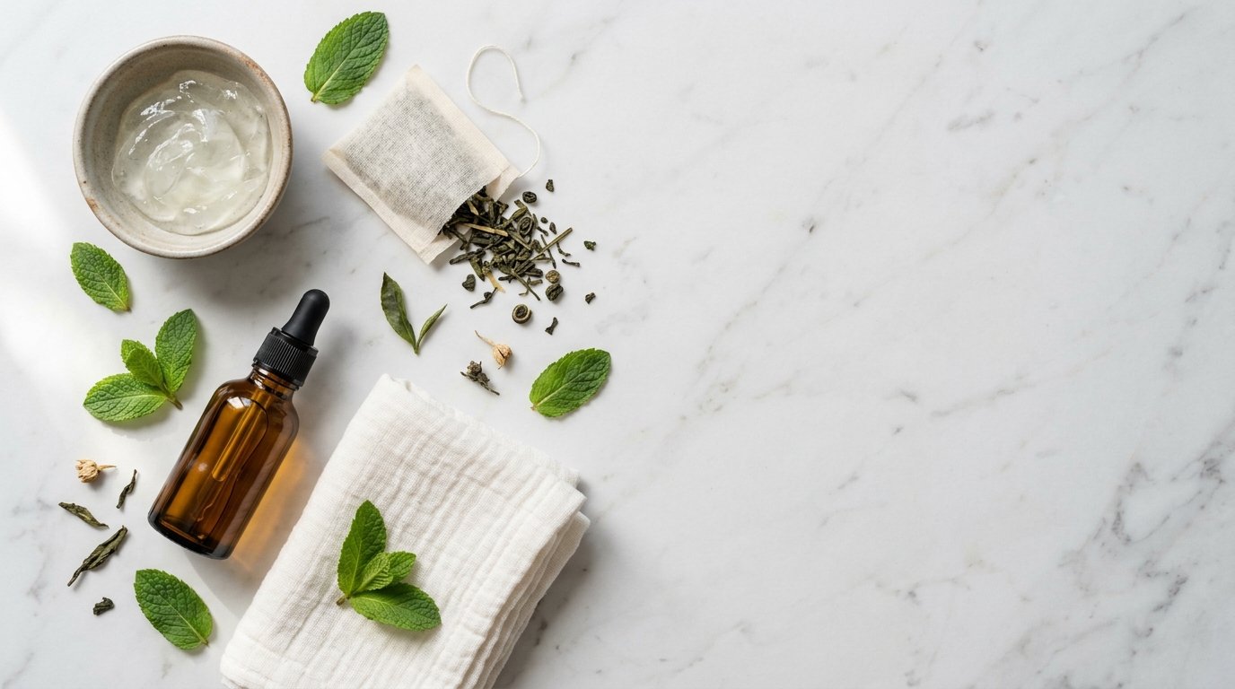 Anti-inflammatory acne remedies at home including aloe vera gel, green tea, and a niacinamide serum bottle on a marble surface