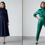 Two wedding guest outfit ideas side by side, one classic navy look and one bold jewel-toned look