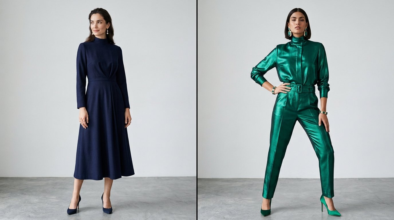 Two wedding guest outfit ideas side by side, one classic navy look and one bold jewel-toned look