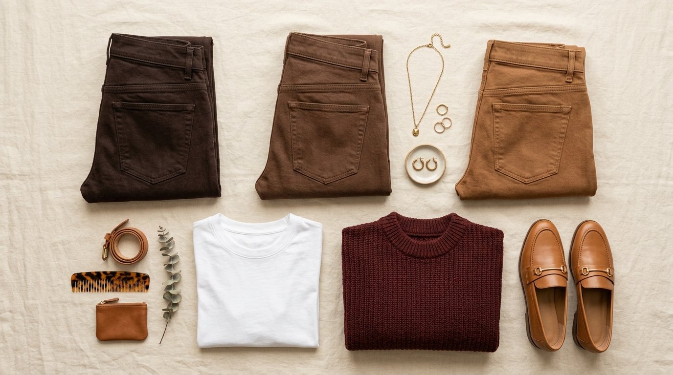 Brown jeans outfit ideas flat-lay in espresso, carob and caramel shades for 2026