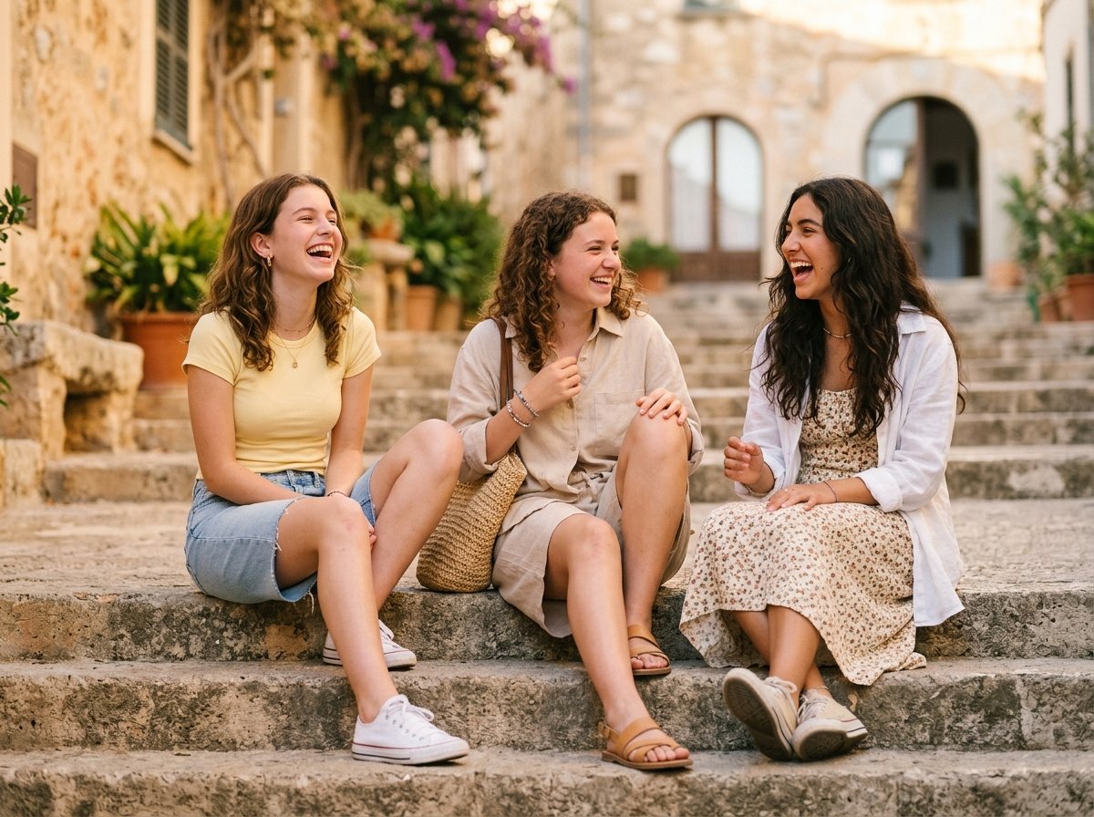 Three teens wearing summer outfit ideas — a butter yellow tee with denim shorts, a beige linen co-ord set, and a floral midi dress with a layered shirt.