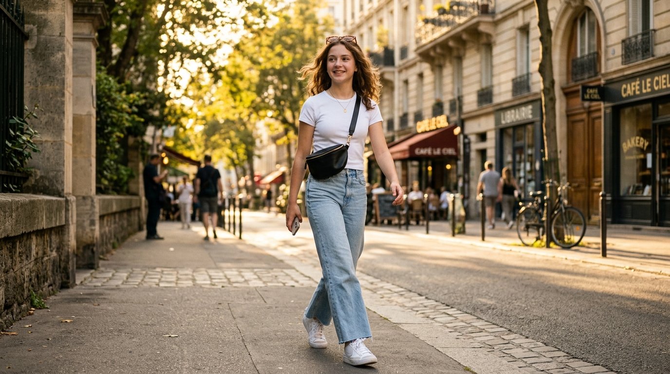 Teen girl wearing a trendy white tee and wide-leg jeans summer outfit"