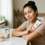 Professional woman holding sunscreen at a marble vanity in soft morning light