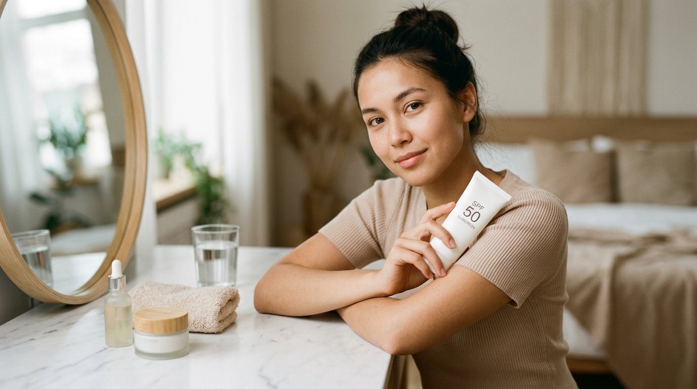 Professional woman holding sunscreen at a marble vanity in soft morning light