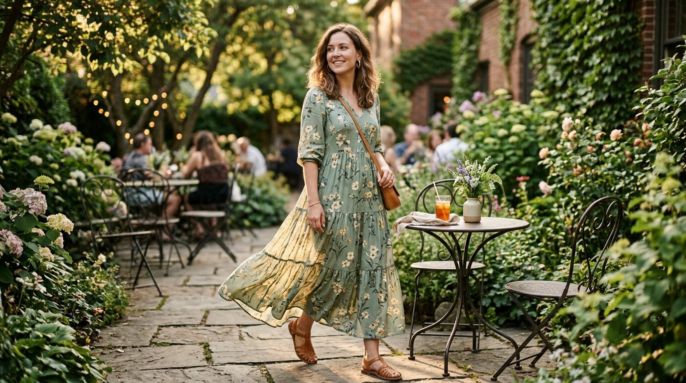 Woman wearing a watercolour floral maxi sundress with tan sandals on a sunlit café terrace — first date outfit ideas
