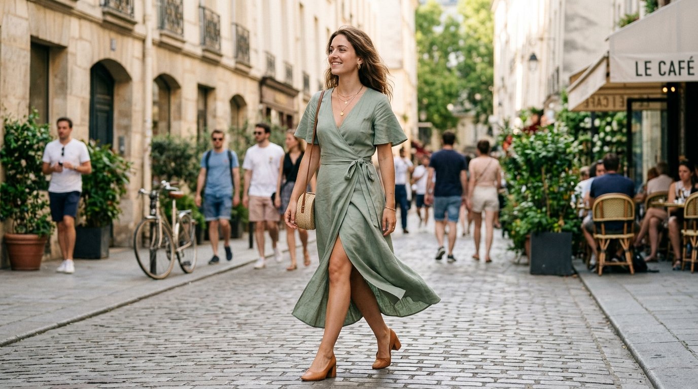 Woman wearing an elegant split midi dress styled for a summer outfit