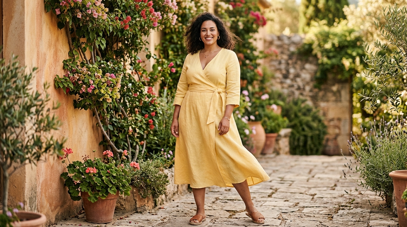 "Professional lifestyle fashion photography of a curvy woman in her early 30s wearing a flowy butter-yellow linen wrap dress, cinched at the waist, standing outdoors near a warm-toned garden wall in soft natural daylight. She wears woven flat sandals and simple gold hoop earrings. Warm, editorial color grading, shallow depth of field, magazine-style summer fashion shot, modest and elegant styling, no visible logos or text."
