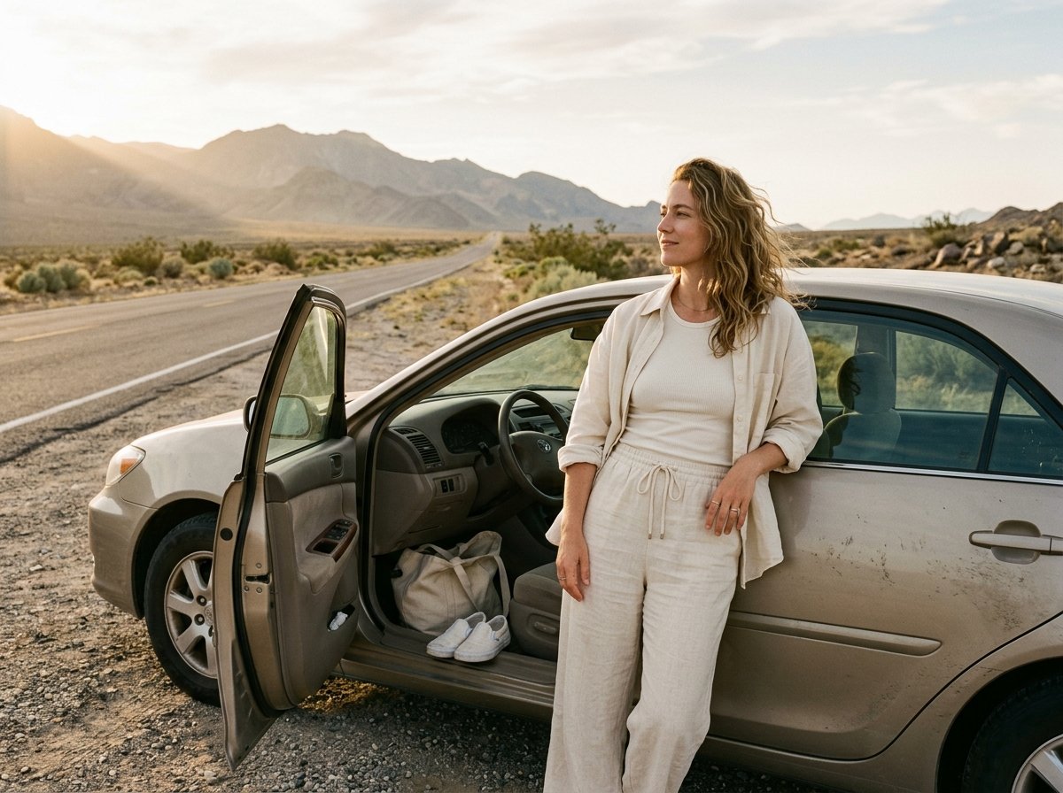 Woman in cream linen wide-leg trousers and an oversized shirt standing beside her car at a highway stop, styled in a comfortable summer road trip outfit.