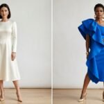 Two models side by side wearing a classic ivory satin dress and a bold cobalt blue wedding guest dress
