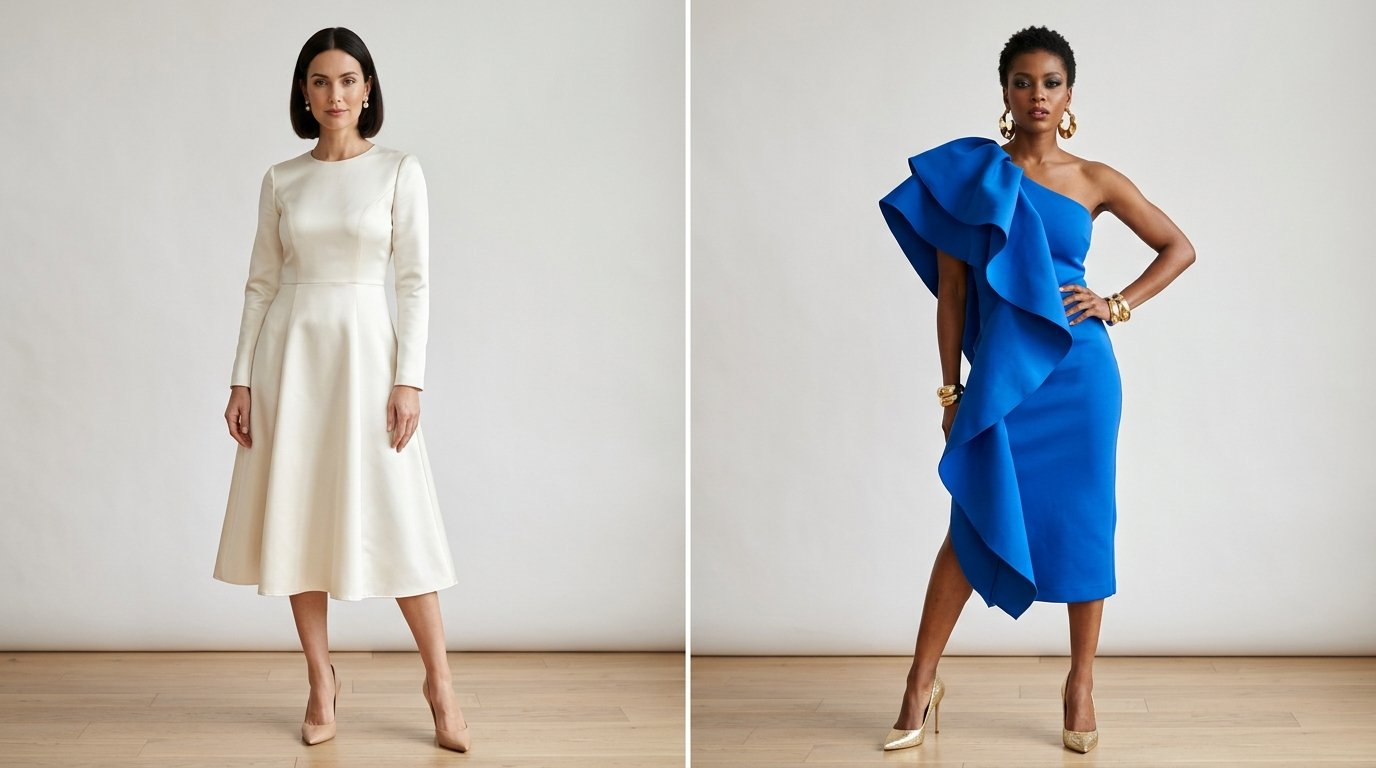 Two models side by side wearing a classic ivory satin dress and a bold cobalt blue wedding guest dress