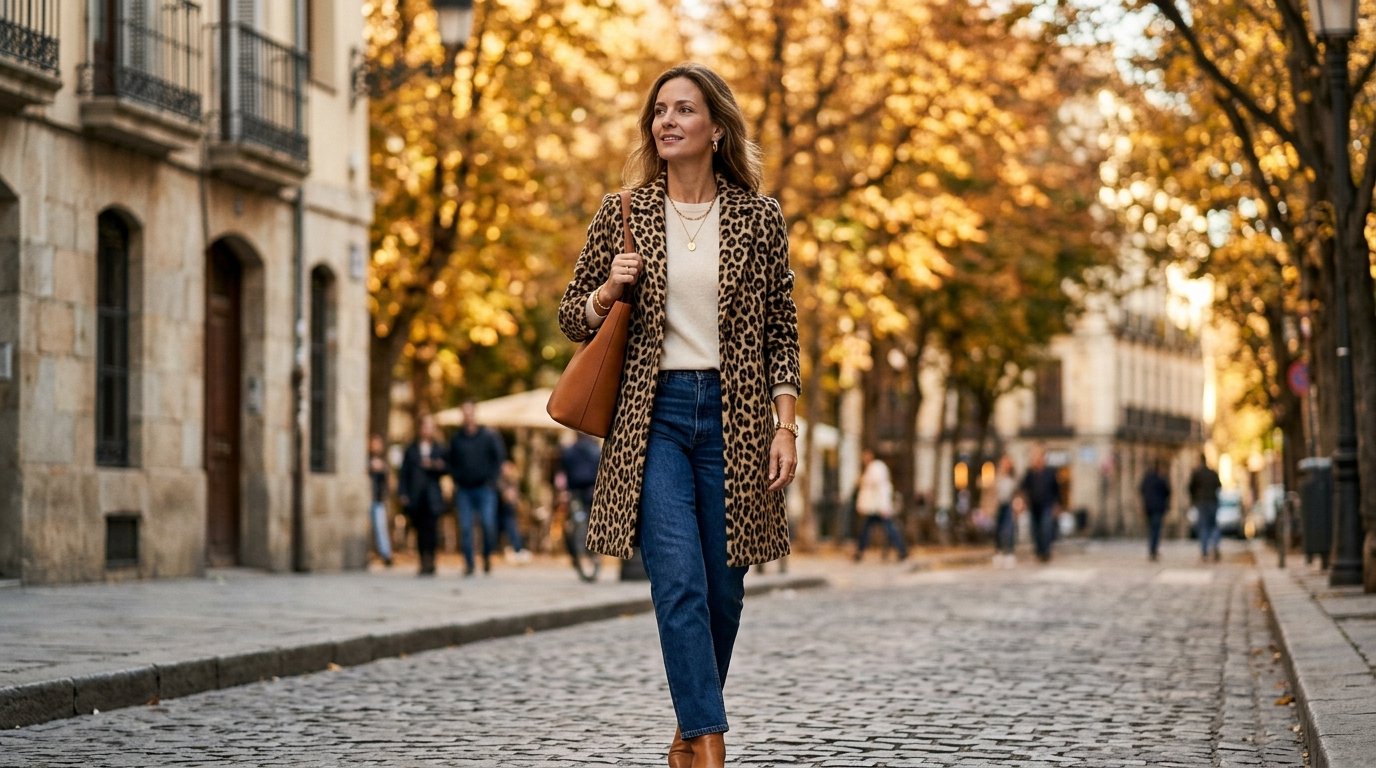 Leopard print outfit ideas fall 2026 — chic leopard coat with jeans