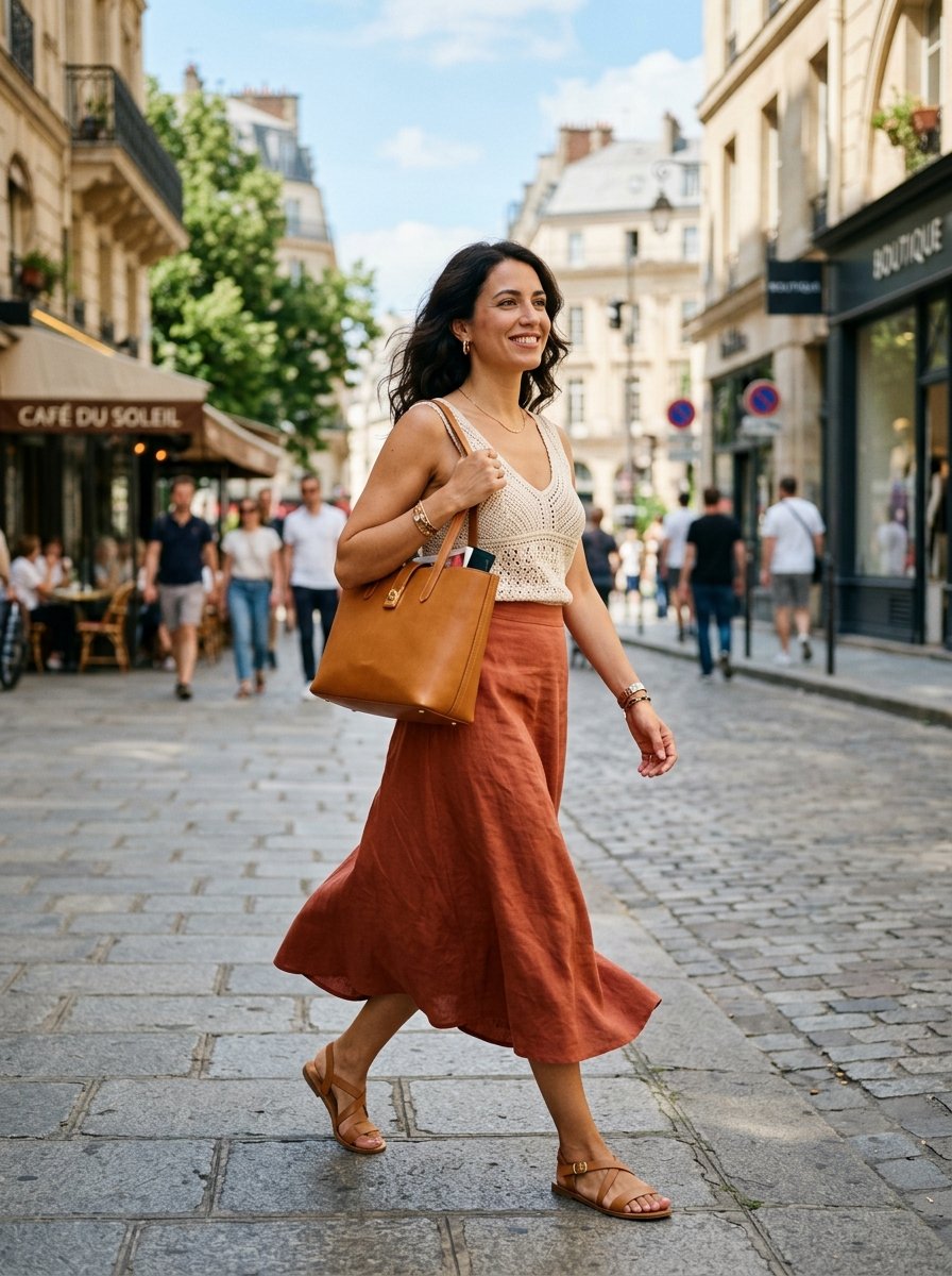 Woman in a terracotta boho midi skirt and cream crochet top styling a modern whimsical outfit