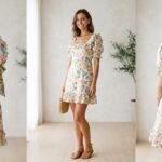 Square-neck floral mini dress with ruffle trim and tie-back styled with sandals and gold accessories for summer