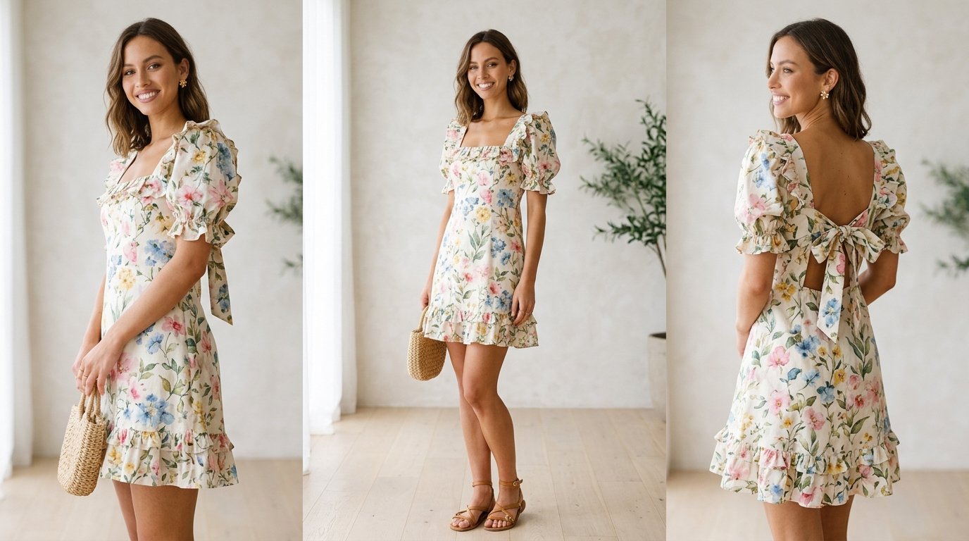 Square-neck floral mini dress with ruffle trim and tie-back styled with sandals and gold accessories for summer