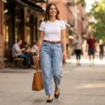 Barrel jeans outfit ideas 2026 — woman in light-wash barrel jeans and fitted tee