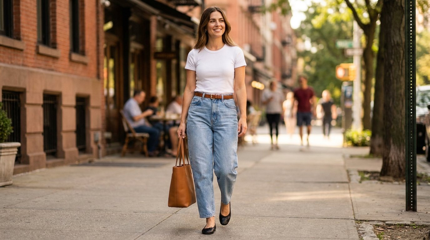 Barrel jeans outfit ideas 2026 — woman in light-wash barrel jeans and fitted tee