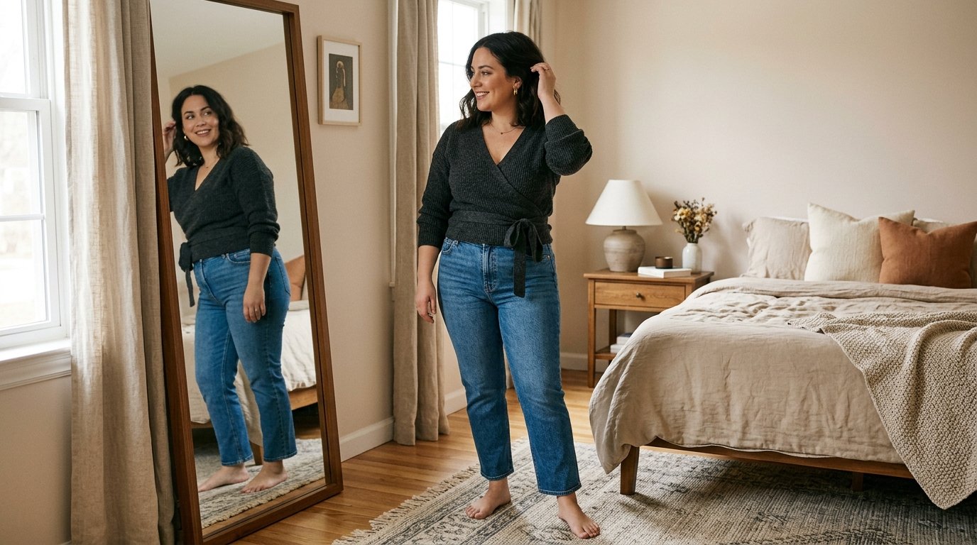 Woman with apple-shaped body wearing a flattering wrap top and straight-leg jeans outfit