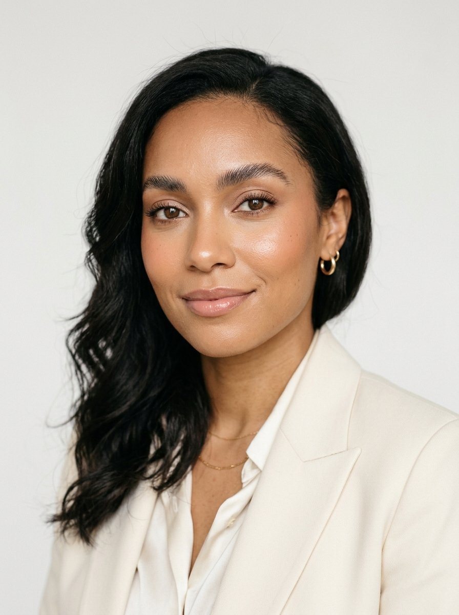 Close-up of soft glam makeup with dewy skin, fluffy brows and peach blush for a flawless 2026 beauty look