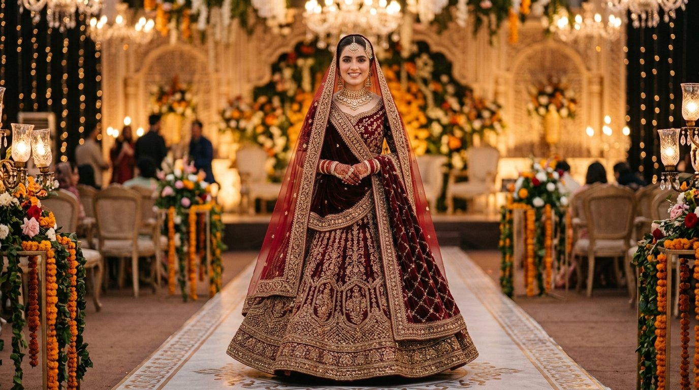 Royal Barat bridal dress in deep red with heavy gold embroidery and double dupatta styling