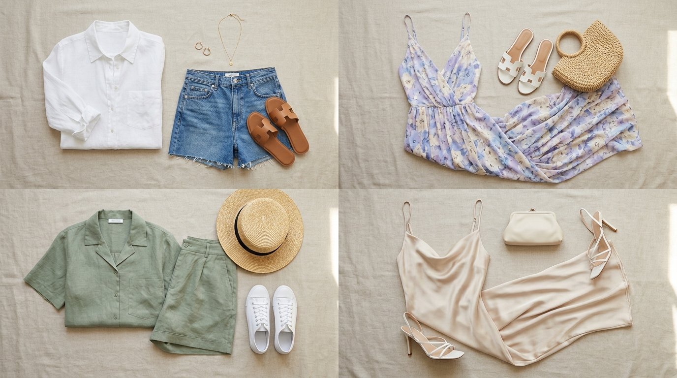 "Collage of stylish summer outfits including linen dresses, denim looks, and flowy maxi styles"