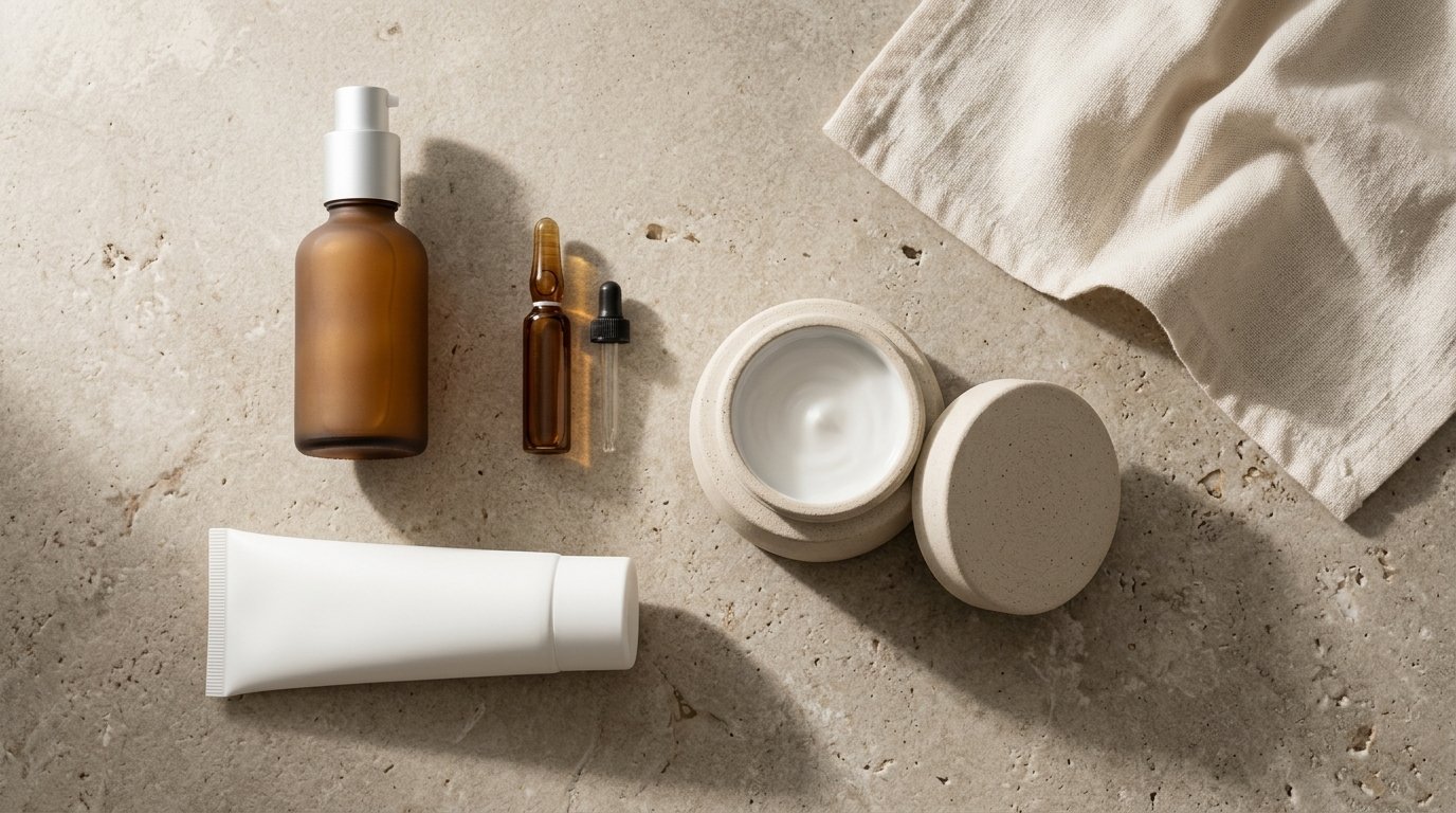 Luxury anti-aging skincare products worth the money arranged on a warm stone surface