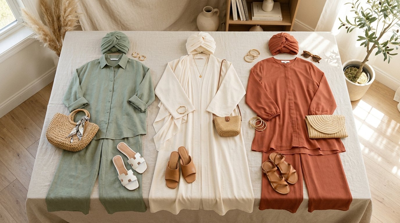 Summer 2026 hijab outfits in linen and chiffon with pastel turban-style hijab styling