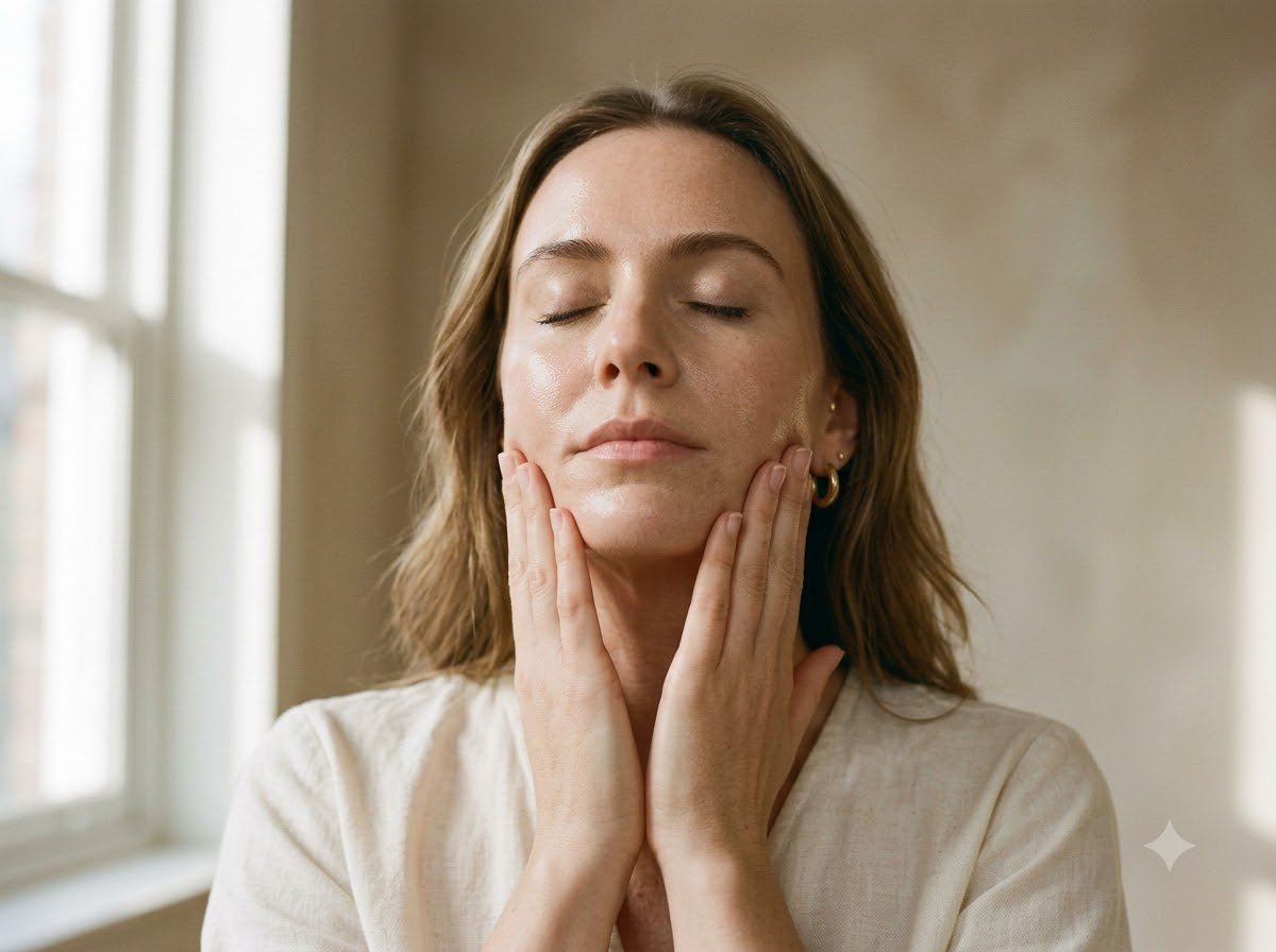 Face massage beauty tips — woman sweeping her jawline for an instant glow