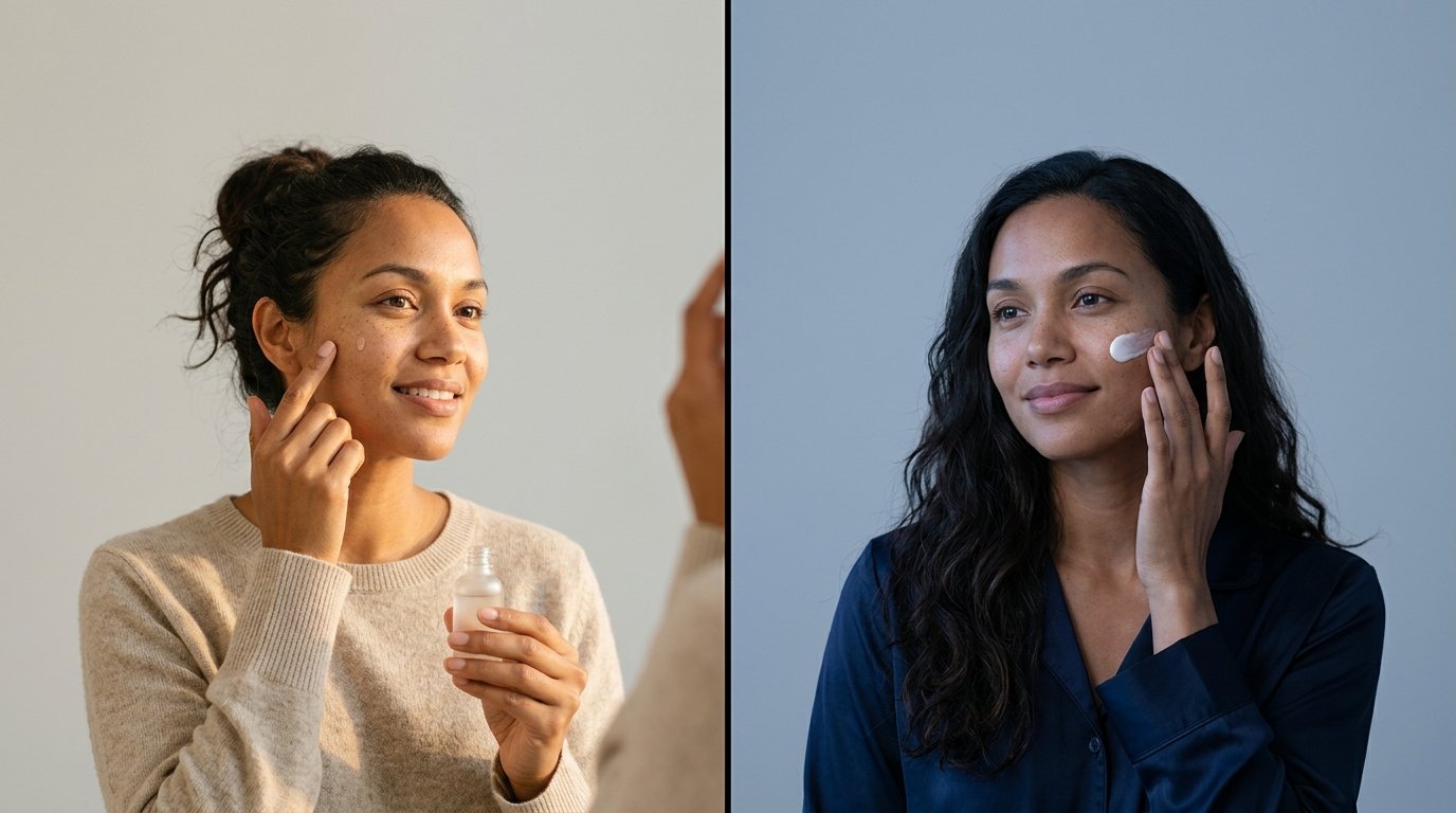 Morning vs Night Skincare: The Order Most People Get Wrong — woman applying skincare in day and night lighting