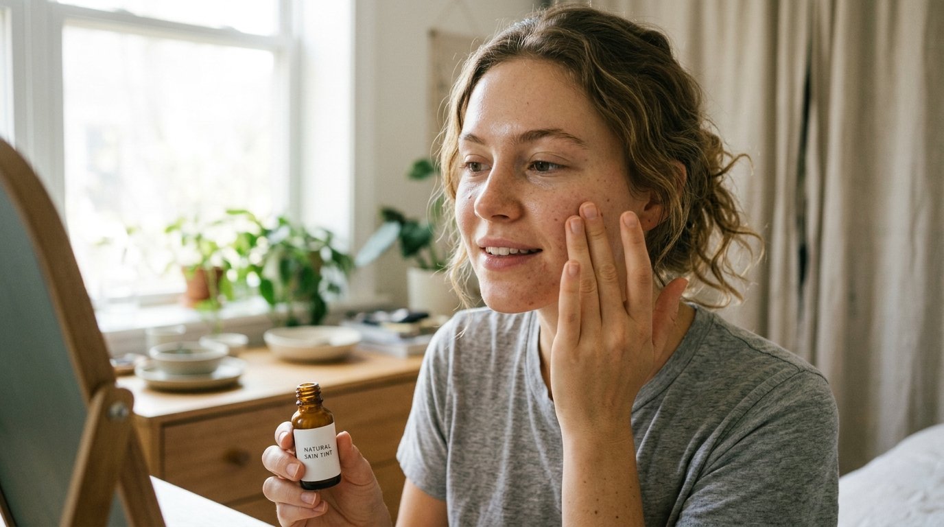 Woman applying natural skin tint for a glowing 2026 beauty routine