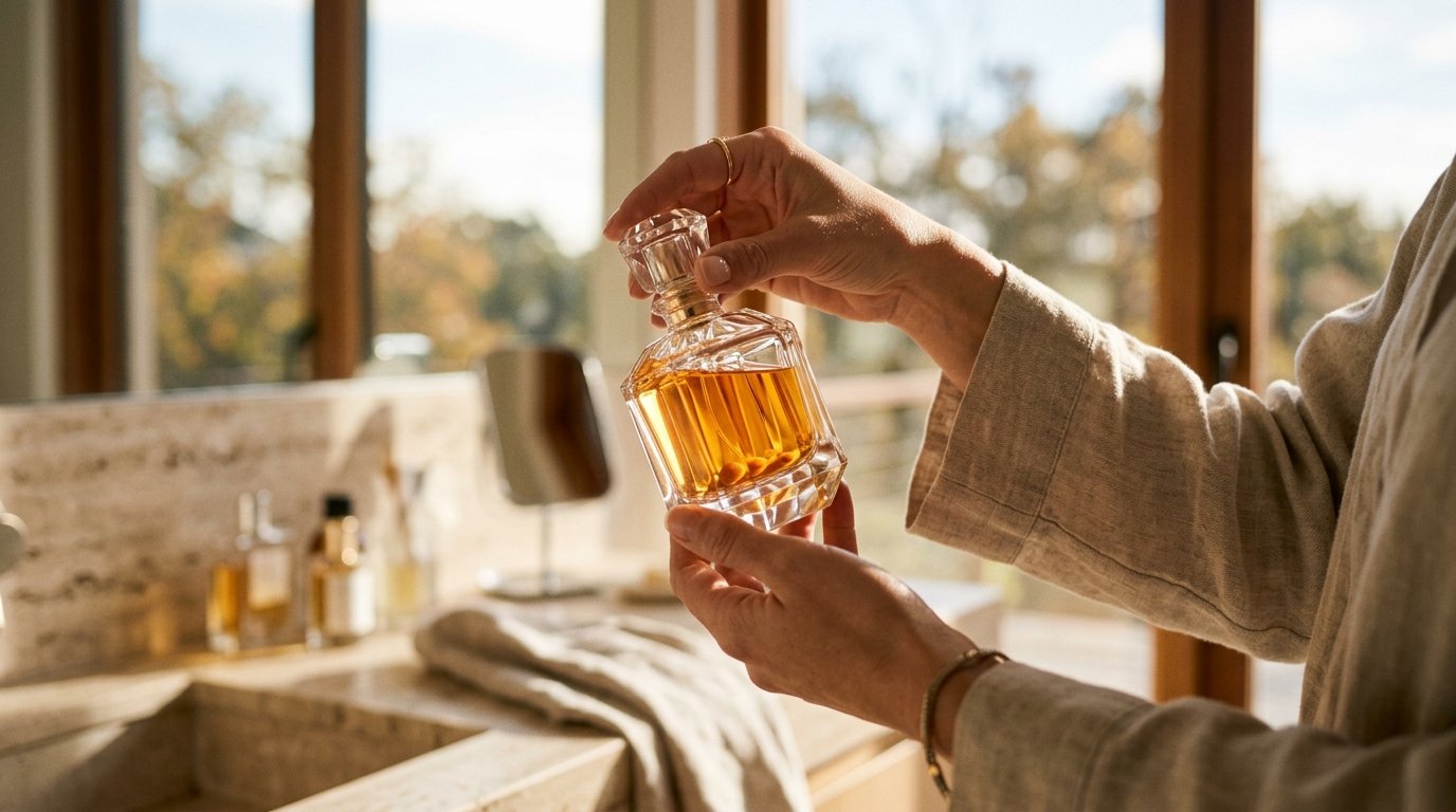 Best luxury perfumes for women shown in a faceted glass bottle held in morning light