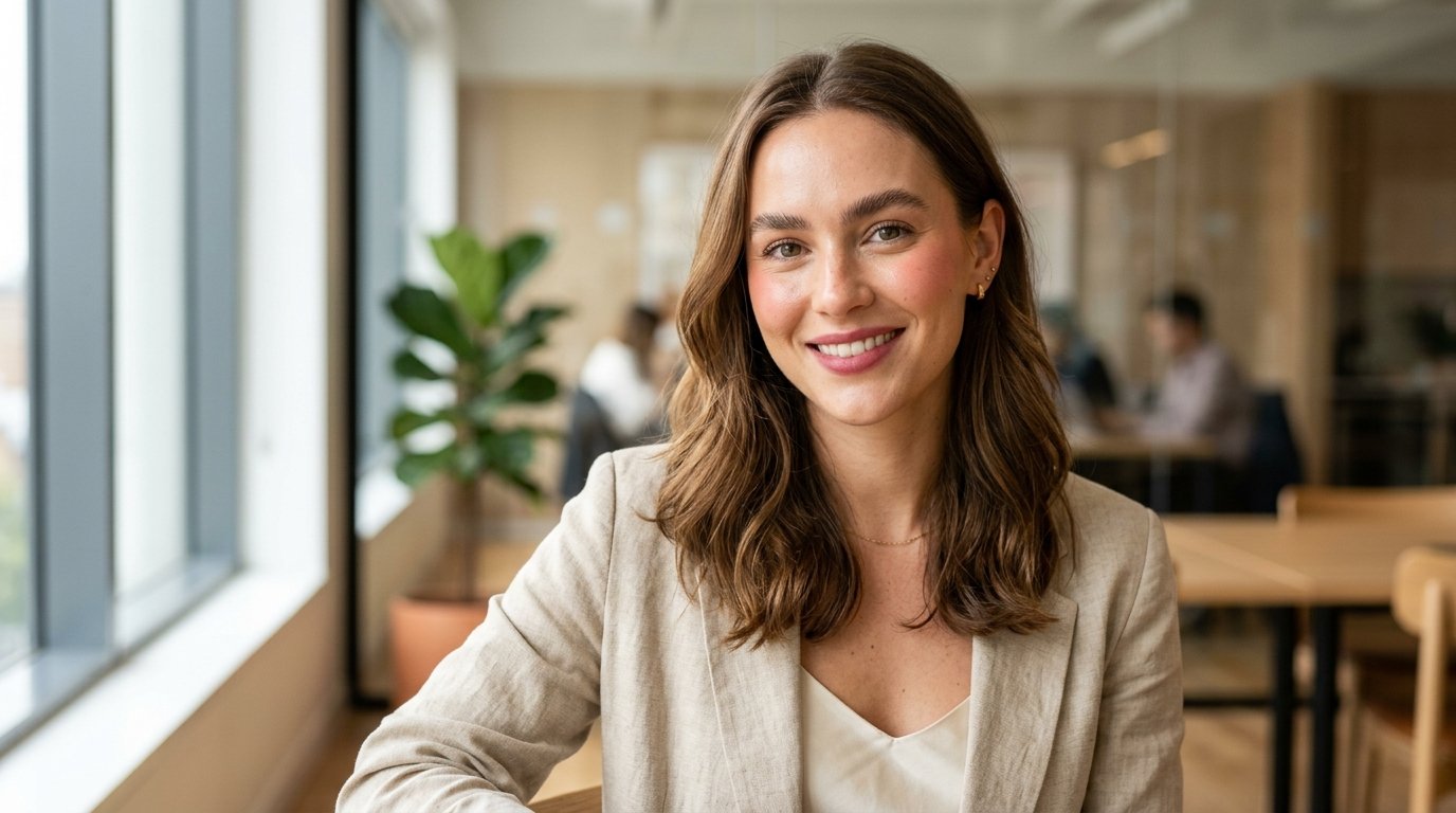 Professional woman with glowy skin and natural makeup, beauty trends 2026