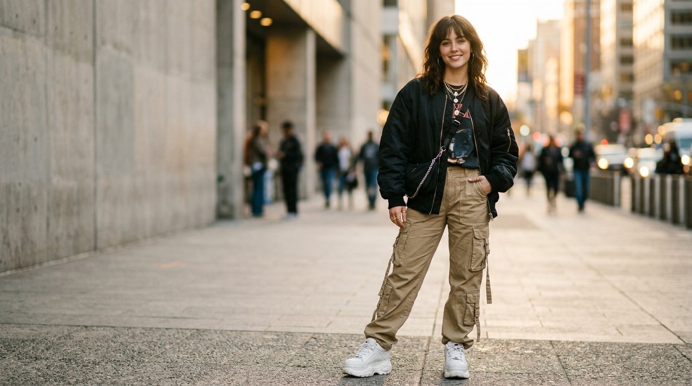 Trendy 2026 concert outfit idea with oversized bomber jacket, cargo pants, and chunky sneakers