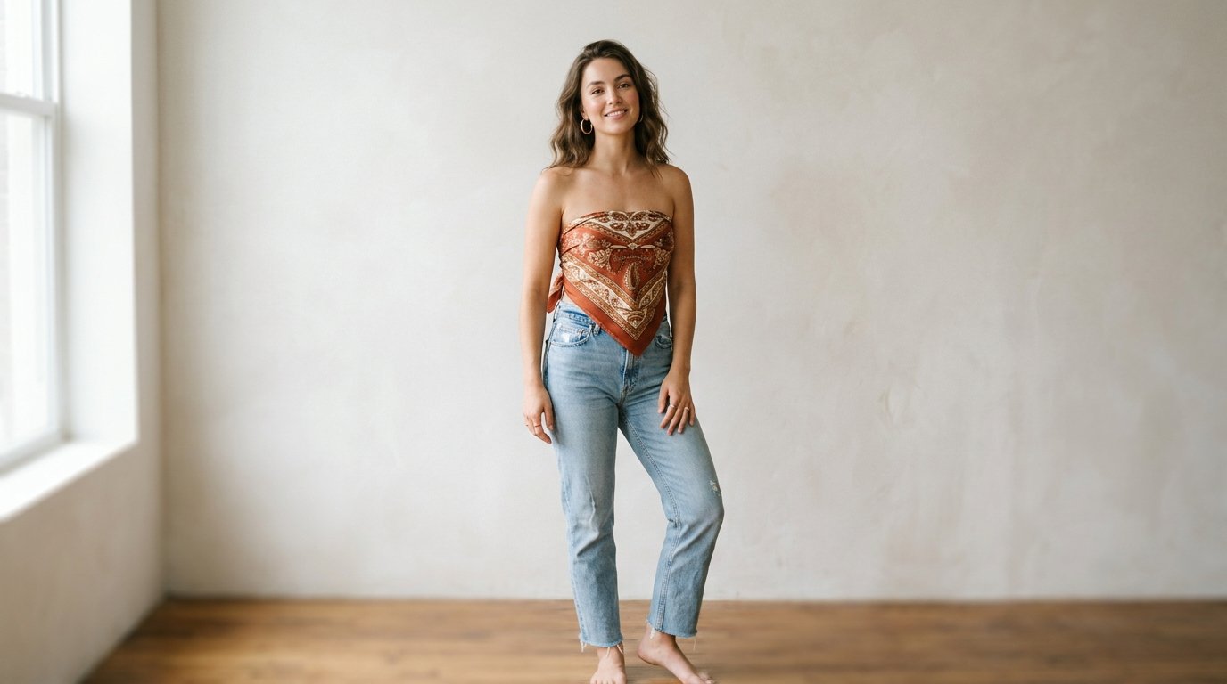 Woman wearing a silk scarf tied into a strapless top with high-waisted jeans