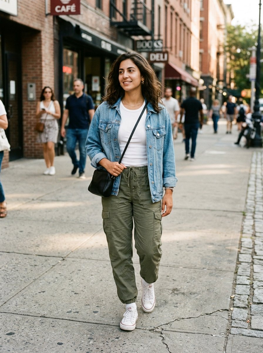 Woman wearing olive cargo pants with a white tank top and denim jacket outfit