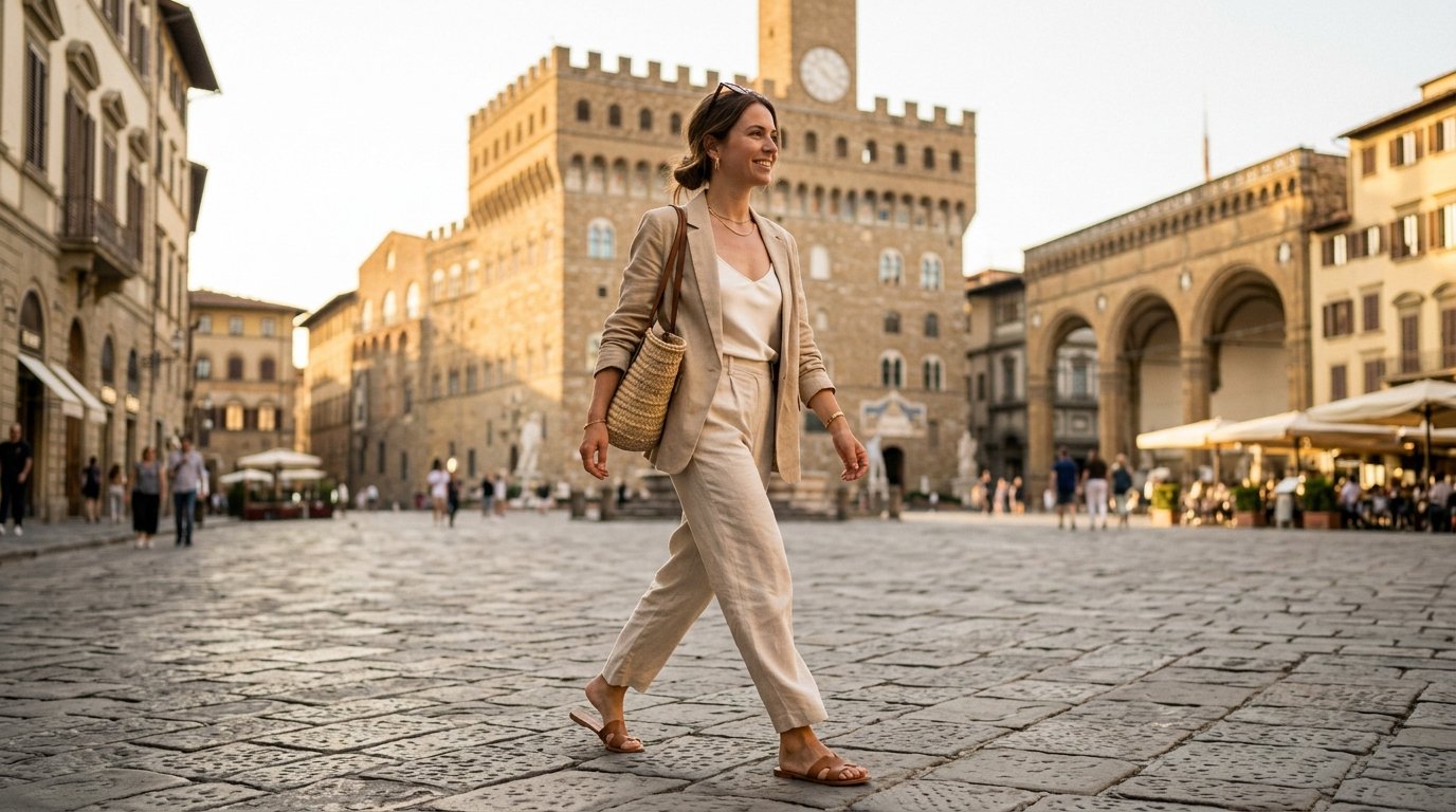 Woman wearing a trendy linen outfit walking through a Florence street in spring 2026