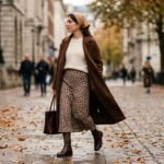 Fall 2026 leopard print trend styled modestly with a tonal leopard midi skirt and long brown coat