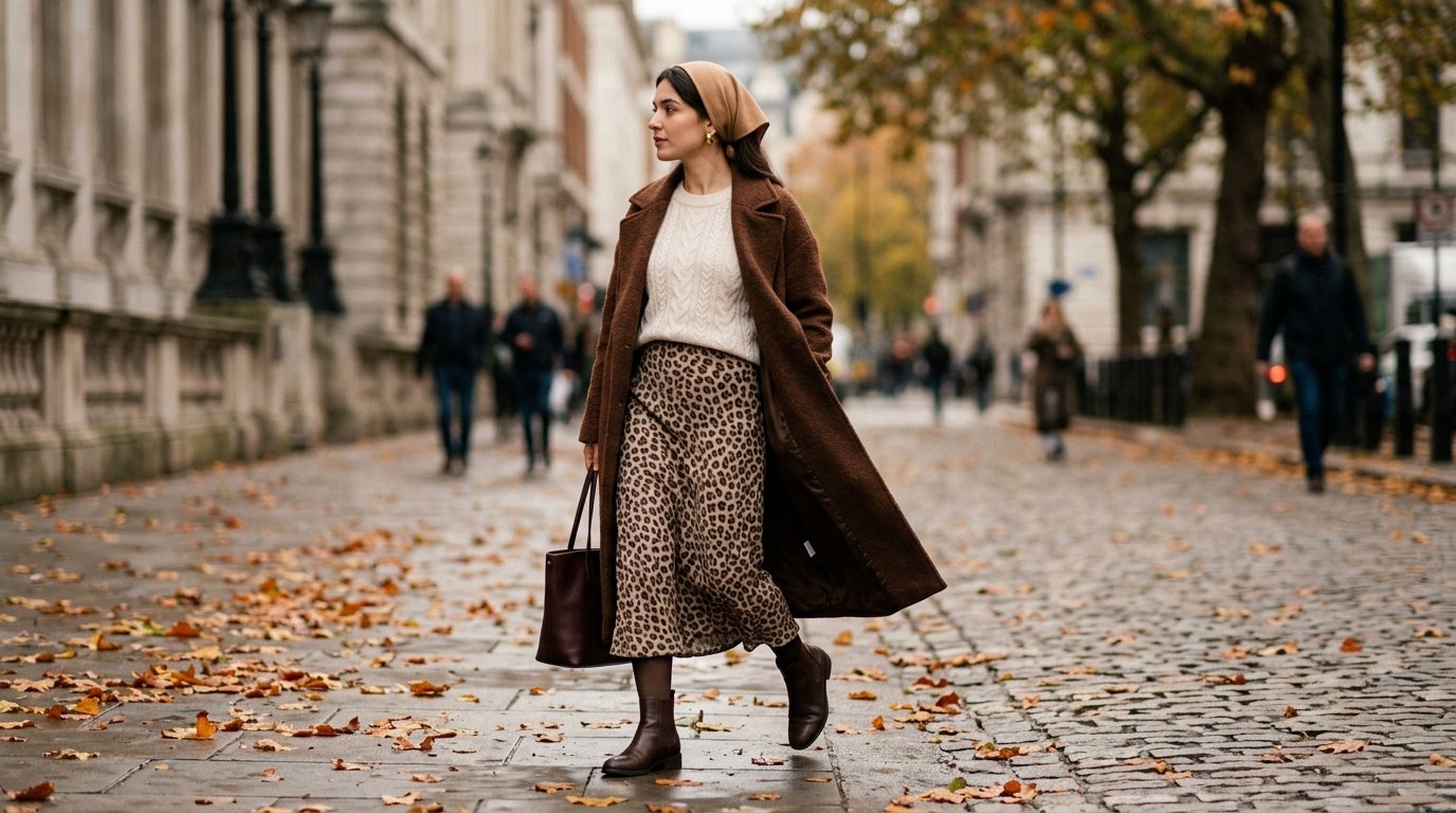 Fall 2026 leopard print trend styled modestly with a tonal leopard midi skirt and long brown coat