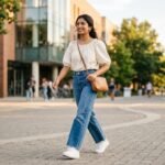 Cute college outfit 2026 with a puff sleeve top and wide-leg jeans