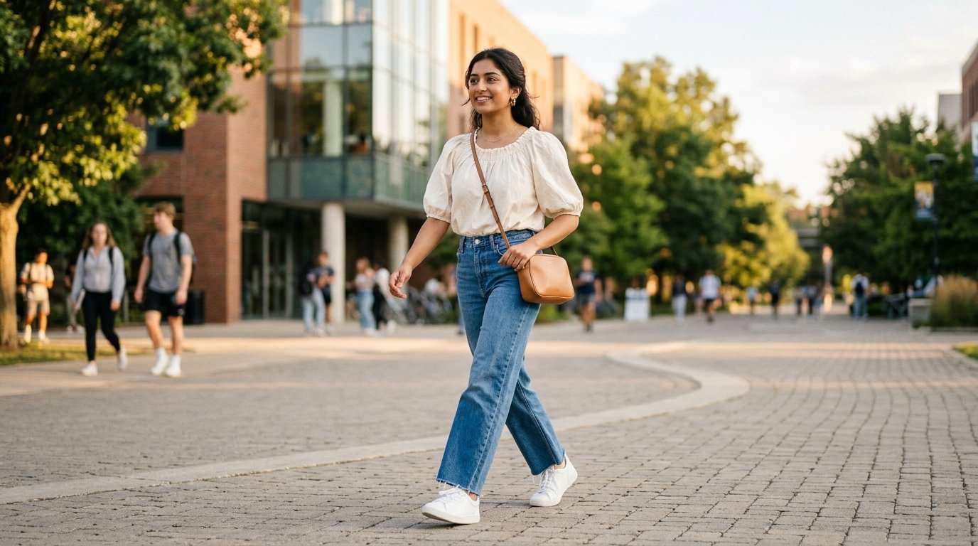 Cute college outfit 2026 with a puff sleeve top and wide-leg jeans