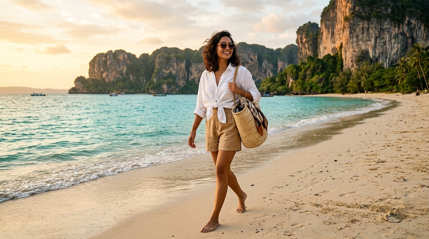 Tropical outfit flat lay with linen shirt, sandals, and scarf for a Phuket trip