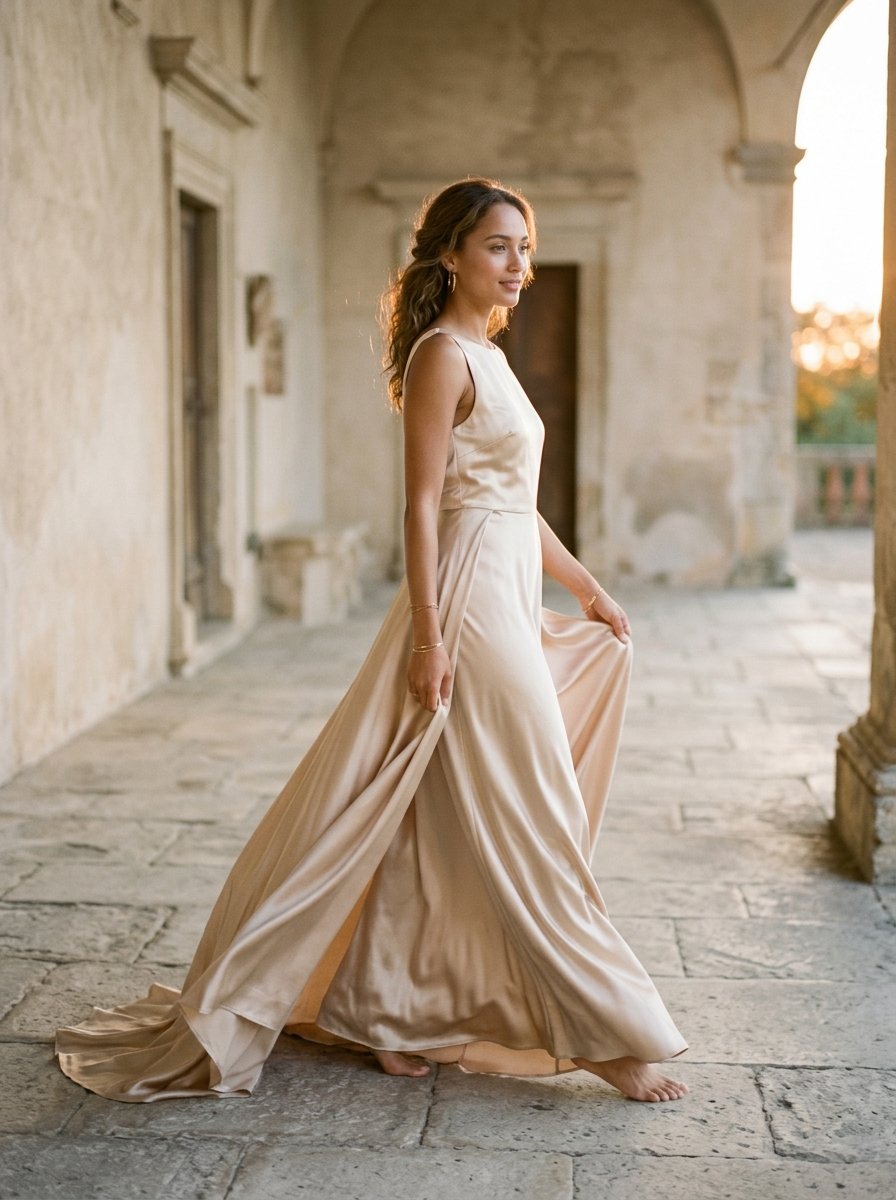 Woman wearing a flowing champagne-colored evening dress in soft golden light