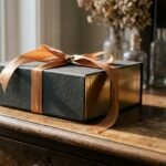 Ribboned gift box representing the best luxury beauty gifts for women on a dark wooden table