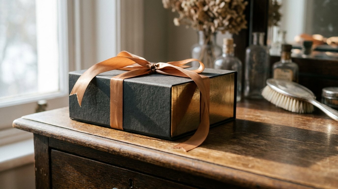 Ribboned gift box representing the best luxury beauty gifts for women on a dark wooden table